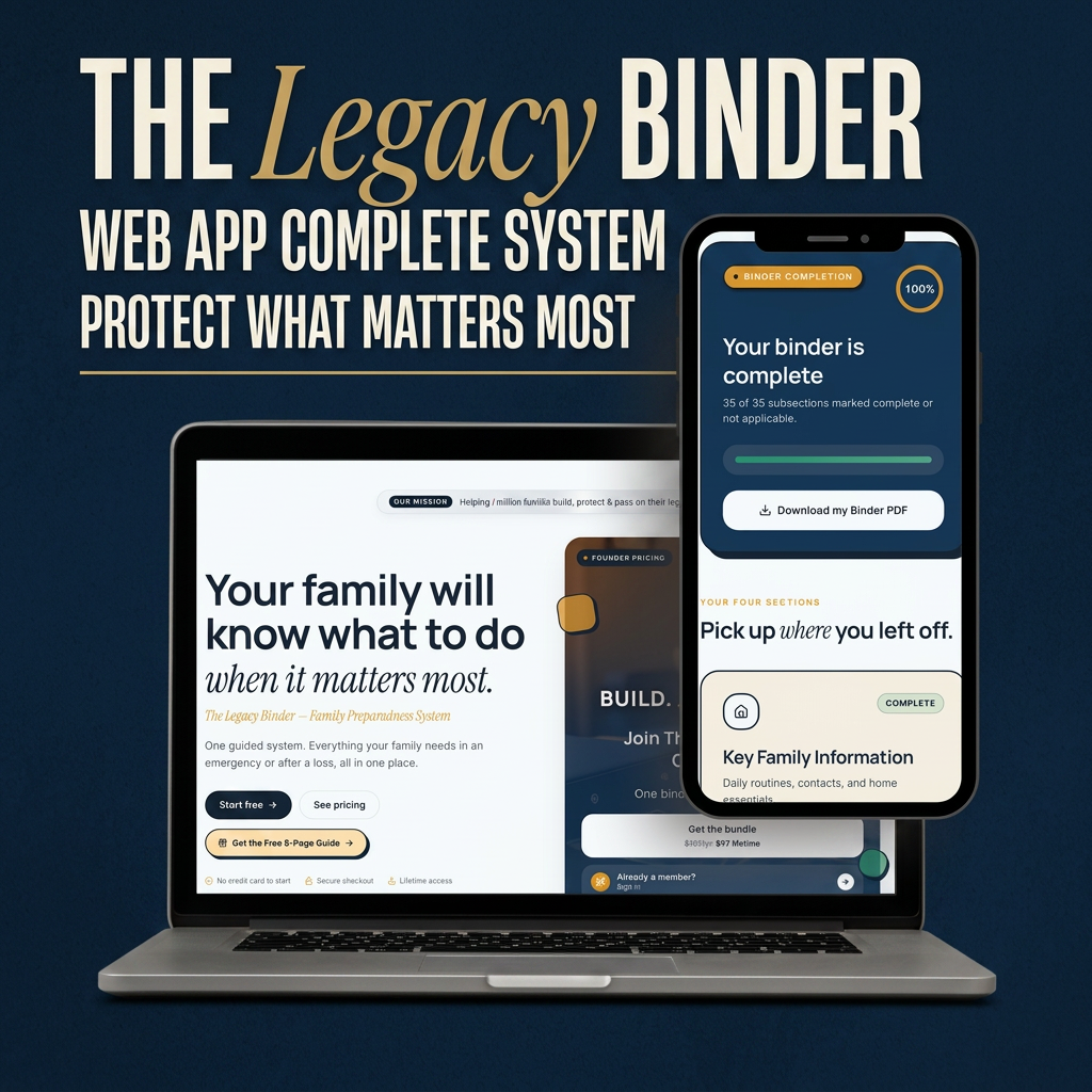 The Legacy Binder Family Preparedness System — web app shown on laptop and phone